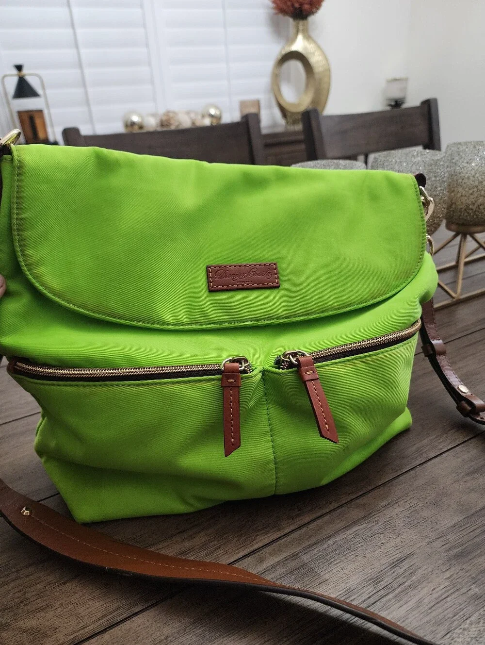 Dooney & Bourke Lime Green Nylon Tote W Leather Zipper Pulls